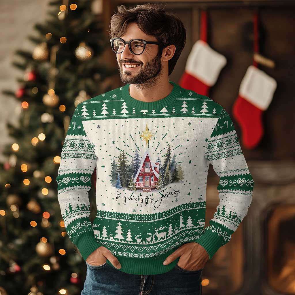 Christian Xmas Ugly Christmas Sweater The Greatest Gift Is Jesus Star Of Bethlehem TS11 Green Print Your Wear