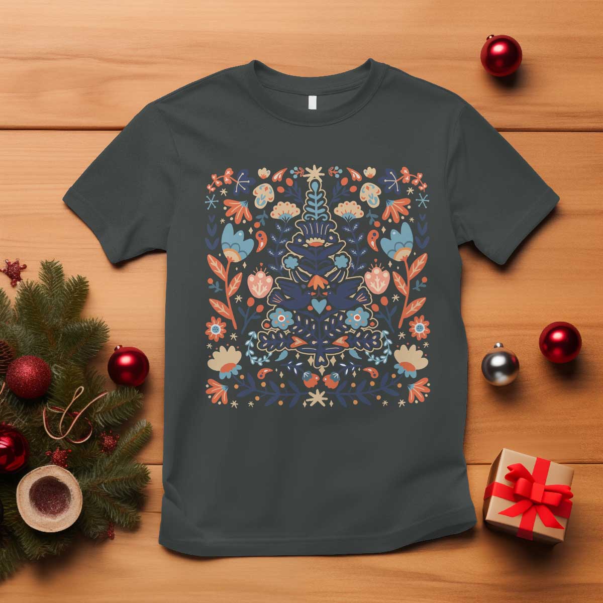 Norwegian Christmas Scandinavian Yule Xmas Tree Folk Art Winter Solstice T Shirt TS11 Dark Heather Print Your Wear