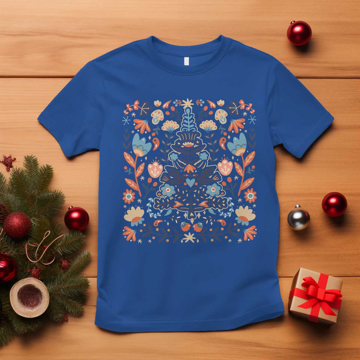 Norwegian Christmas Scandinavian Yule Xmas Tree Folk Art Winter Solstice T Shirt TS11 Royal Blue Print Your Wear