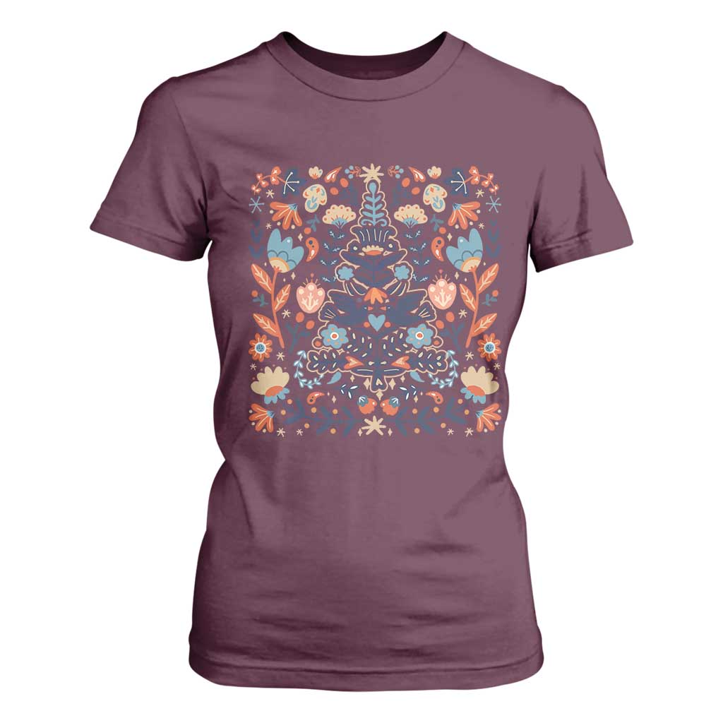 Norwegian Christmas Scandinavian Yule Xmas Tree Folk Art Winter Solstice T Shirt For Women TS11 Maroon Print Your Wear