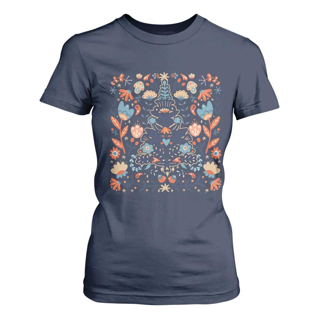 Norwegian Christmas Scandinavian Yule Xmas Tree Folk Art Winter Solstice T Shirt For Women TS11 Navy Print Your Wear