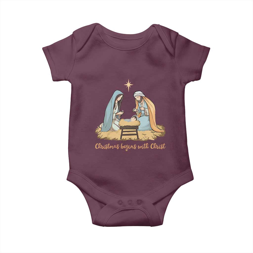 Christmas Begins With Christ Baby Onesie Christian Christmas Nativity Scene TS11 Maroon Print Your Wear