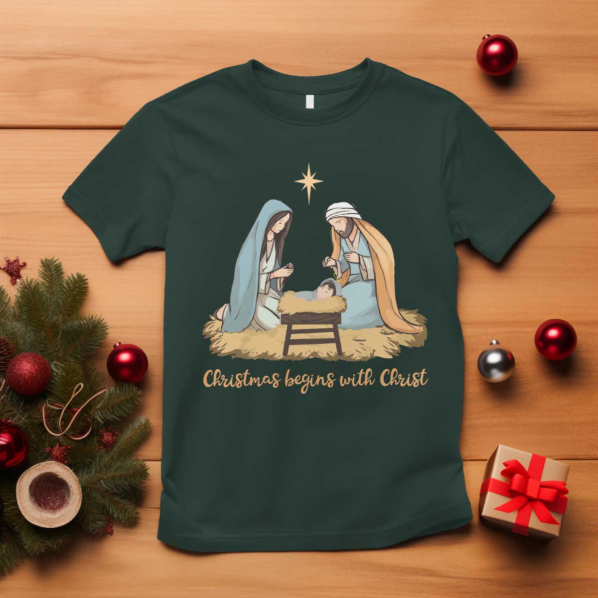 Christmas Begins With Christ T Shirt Christian Christmas Nativity Scene TS11 Dark Forest Green Print Your Wear