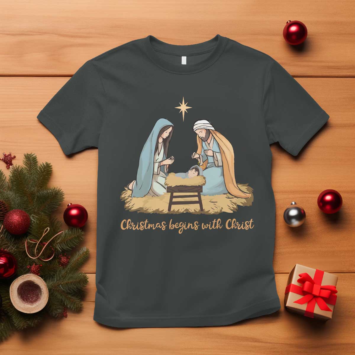 Christmas Begins With Christ T Shirt Christian Christmas Nativity Scene TS11 Dark Heather Print Your Wear