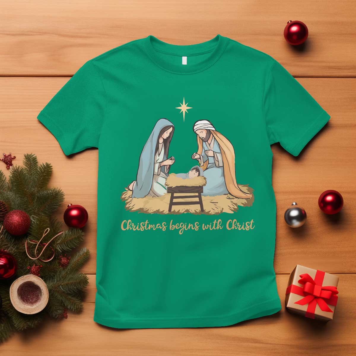 Christmas Begins With Christ T Shirt Christian Christmas Nativity Scene TS11 Irish Green Print Your Wear