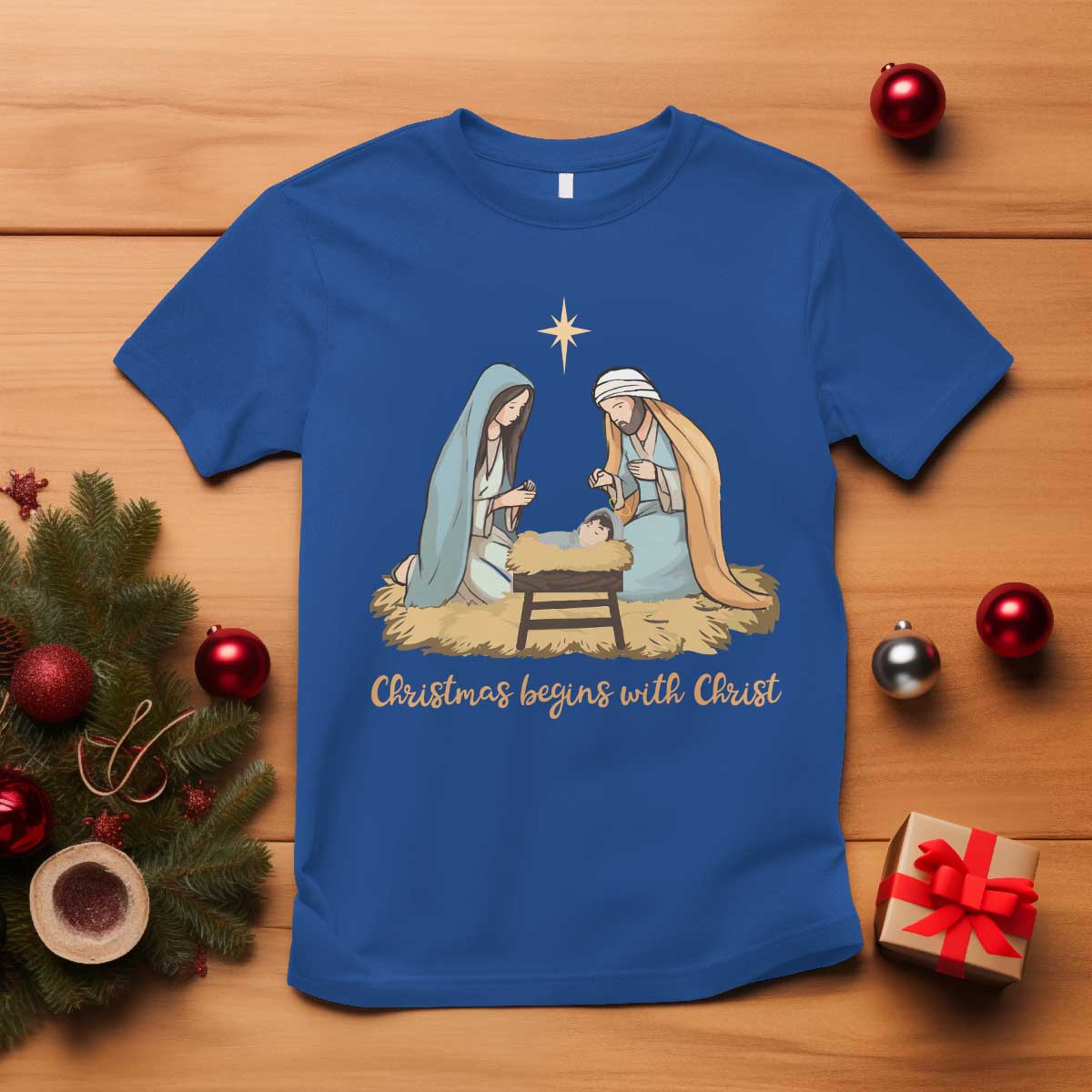 Christmas Begins With Christ T Shirt Christian Christmas Nativity Scene TS11 Royal Blue Print Your Wear