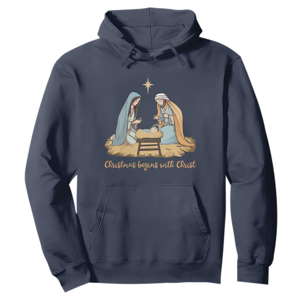 Christmas Begins With Christ Hoodie Christian Christmas Nativity Scene TS11 Navy Print Your Wear