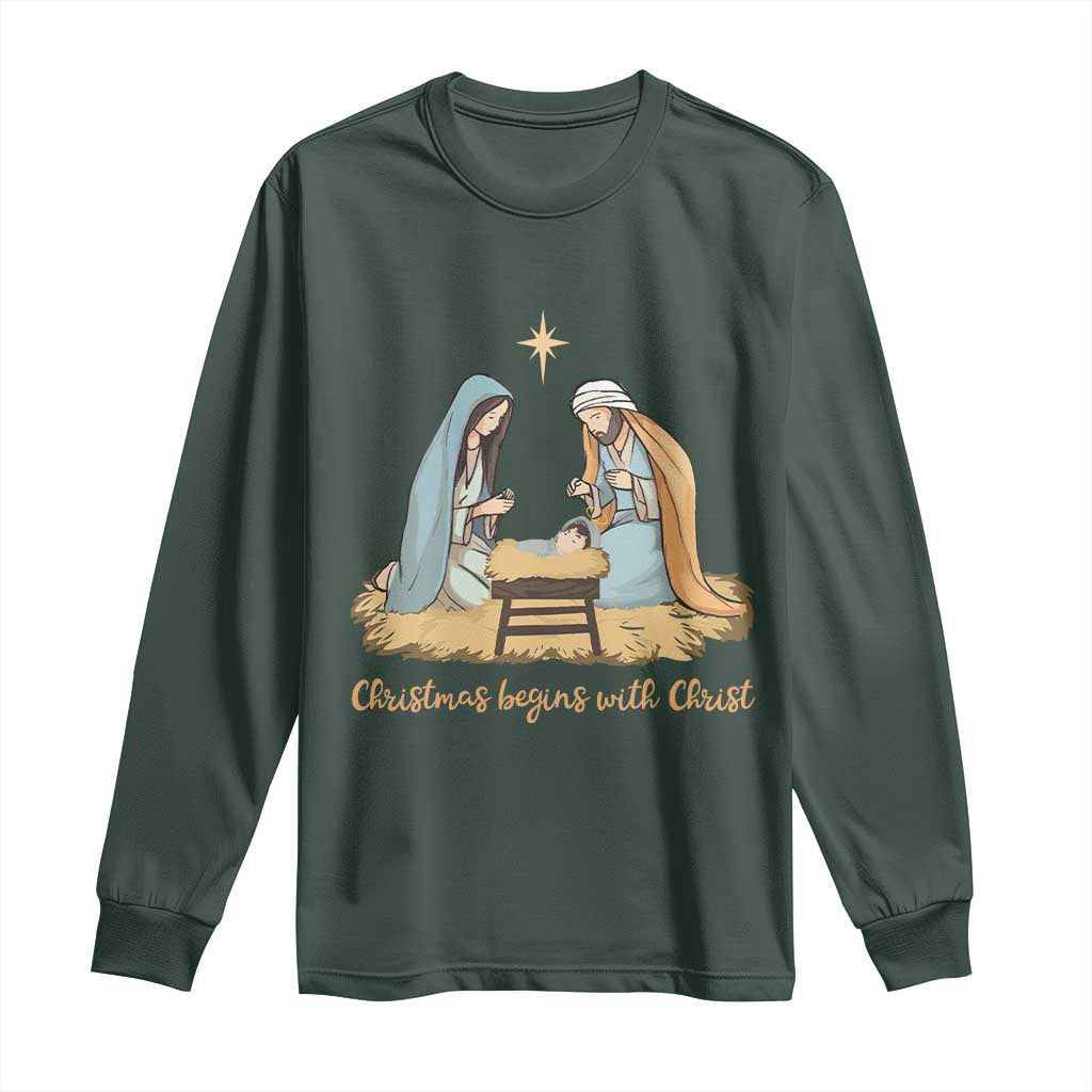 Christmas Begins With Christ Long Sleeve Shirt Christian Christmas Nativity Scene TS11 Dark Forest Green Print Your Wear