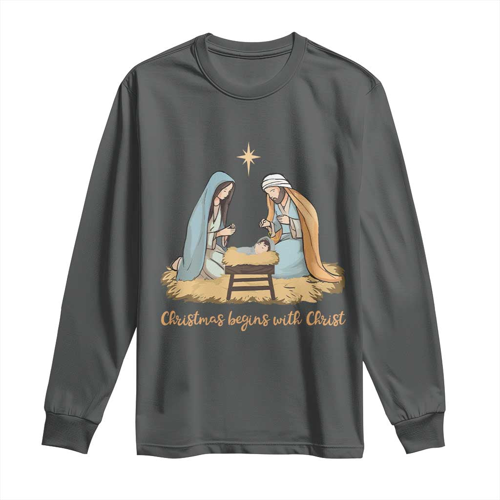 Christmas Begins With Christ Long Sleeve Shirt Christian Christmas Nativity Scene TS11 Dark Heather Print Your Wear