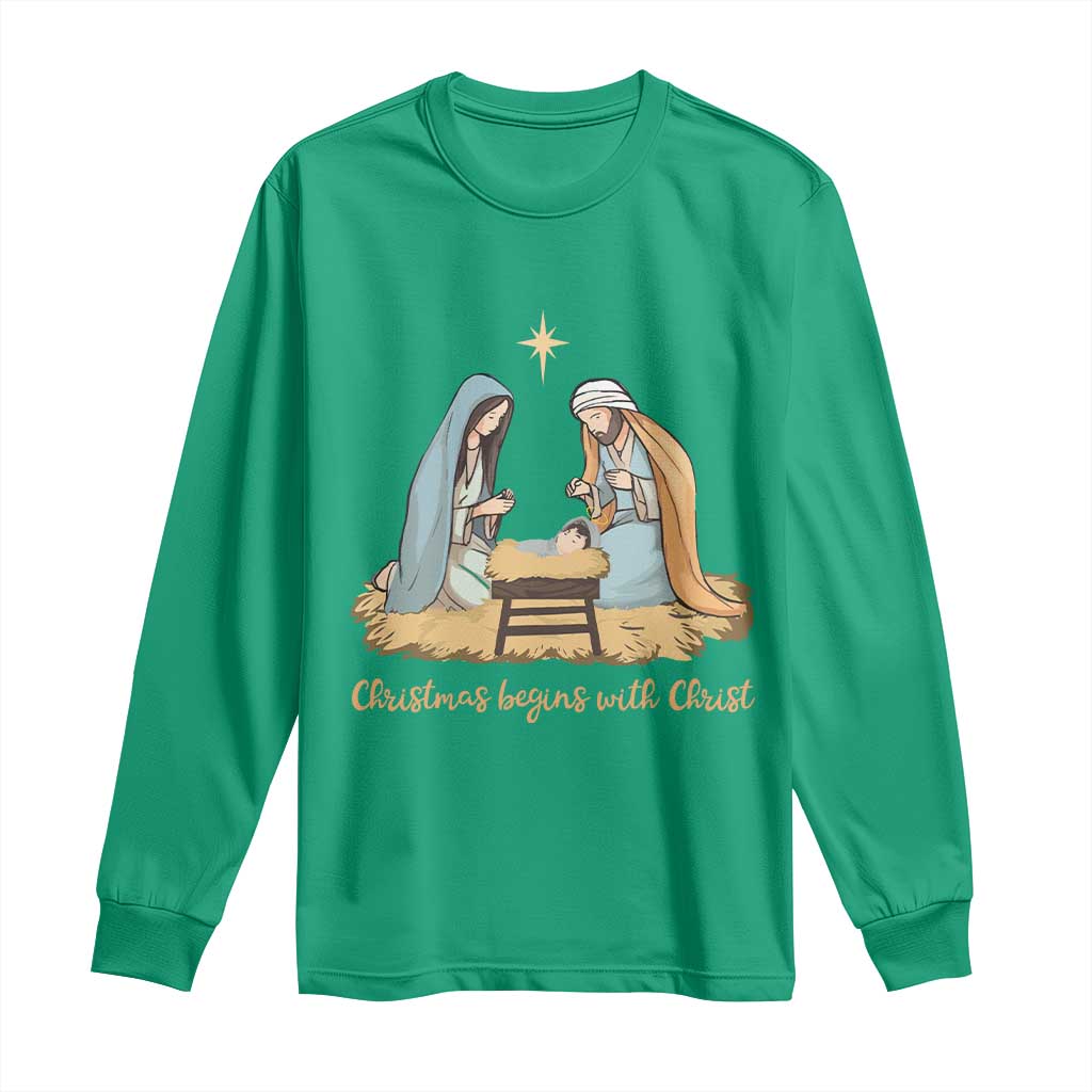 Christmas Begins With Christ Long Sleeve Shirt Christian Christmas Nativity Scene TS11 Irish Green Print Your Wear