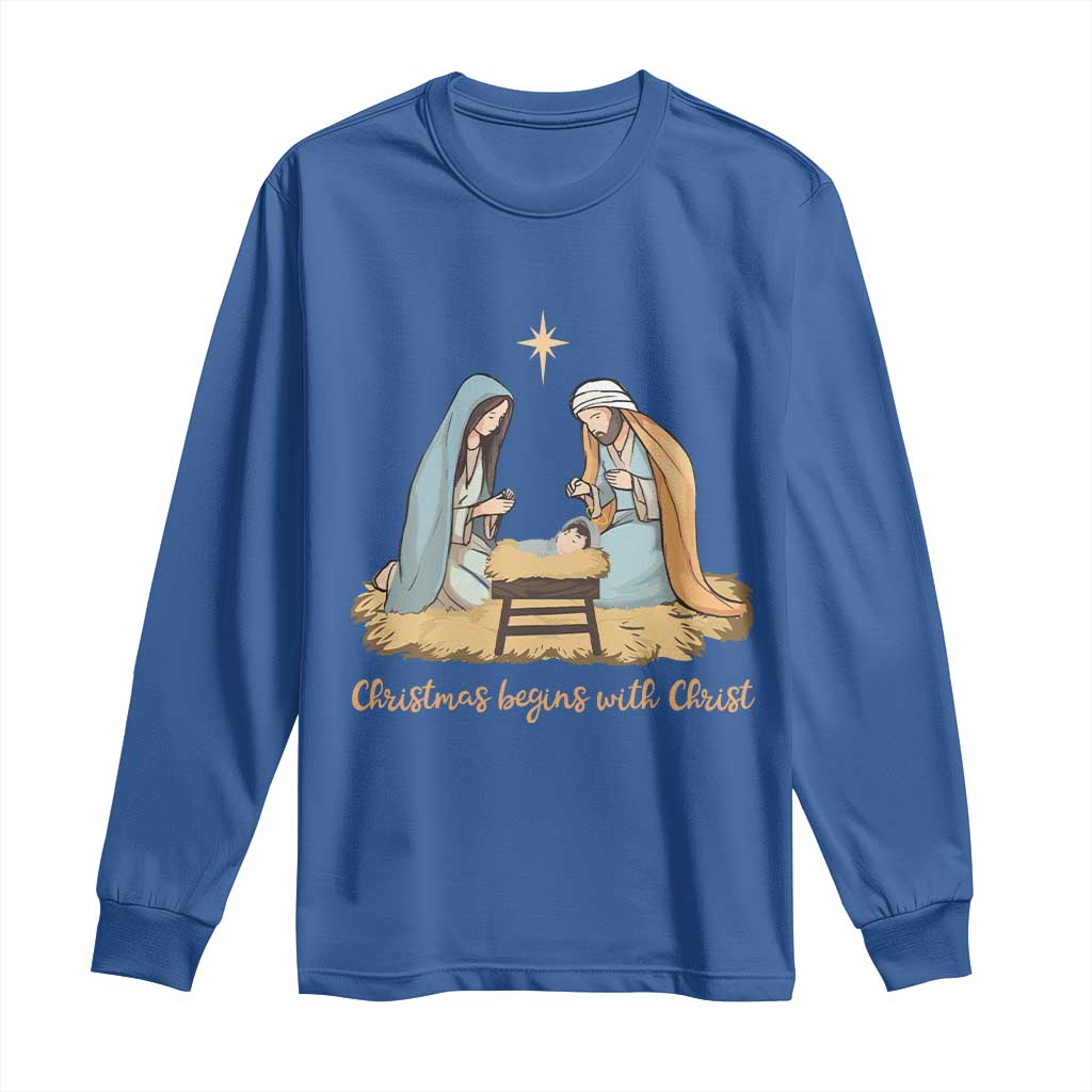 Christmas Begins With Christ Long Sleeve Shirt Christian Christmas Nativity Scene TS11 Royal Blue Print Your Wear