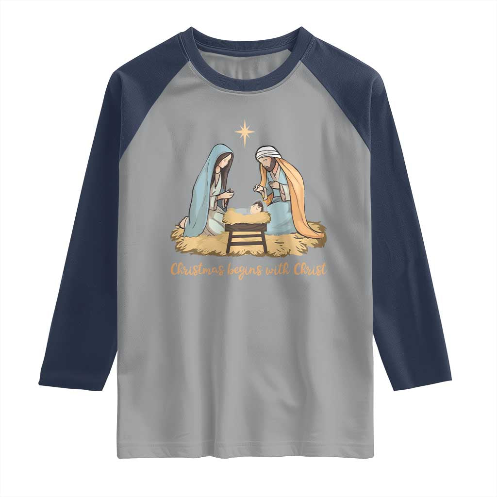 Christmas Begins With Christ Raglan Shirt Christian Christmas Nativity Scene TS11 Sport Gray Navy Print Your Wear