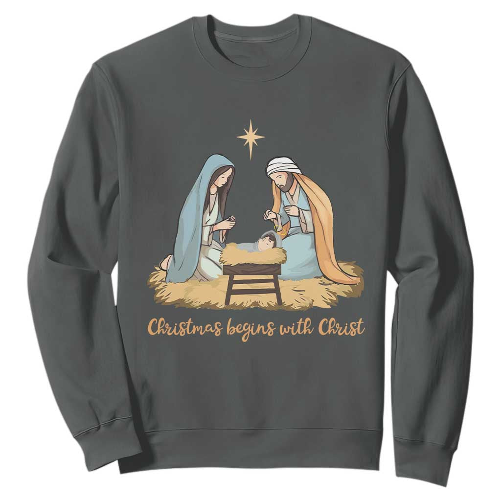 Christmas Begins With Christ Sweatshirt Christian Christmas Nativity Scene TS11 Dark Heather Print Your Wear