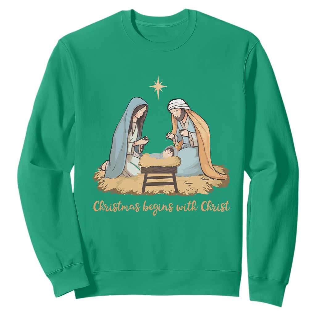 Christmas Begins With Christ Sweatshirt Christian Christmas Nativity Scene TS11 Irish Green Print Your Wear