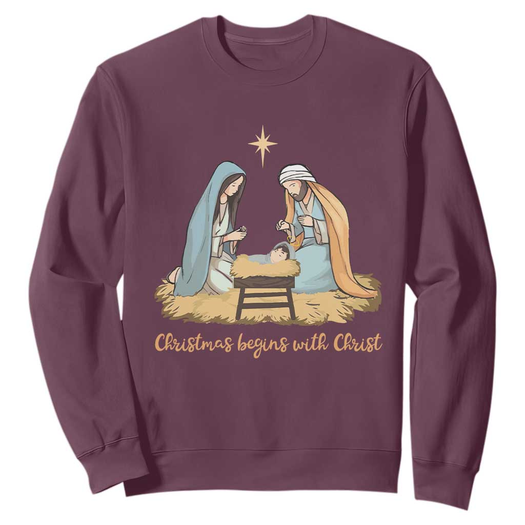 Christmas Begins With Christ Sweatshirt Christian Christmas Nativity Scene TS11 Maroon Print Your Wear