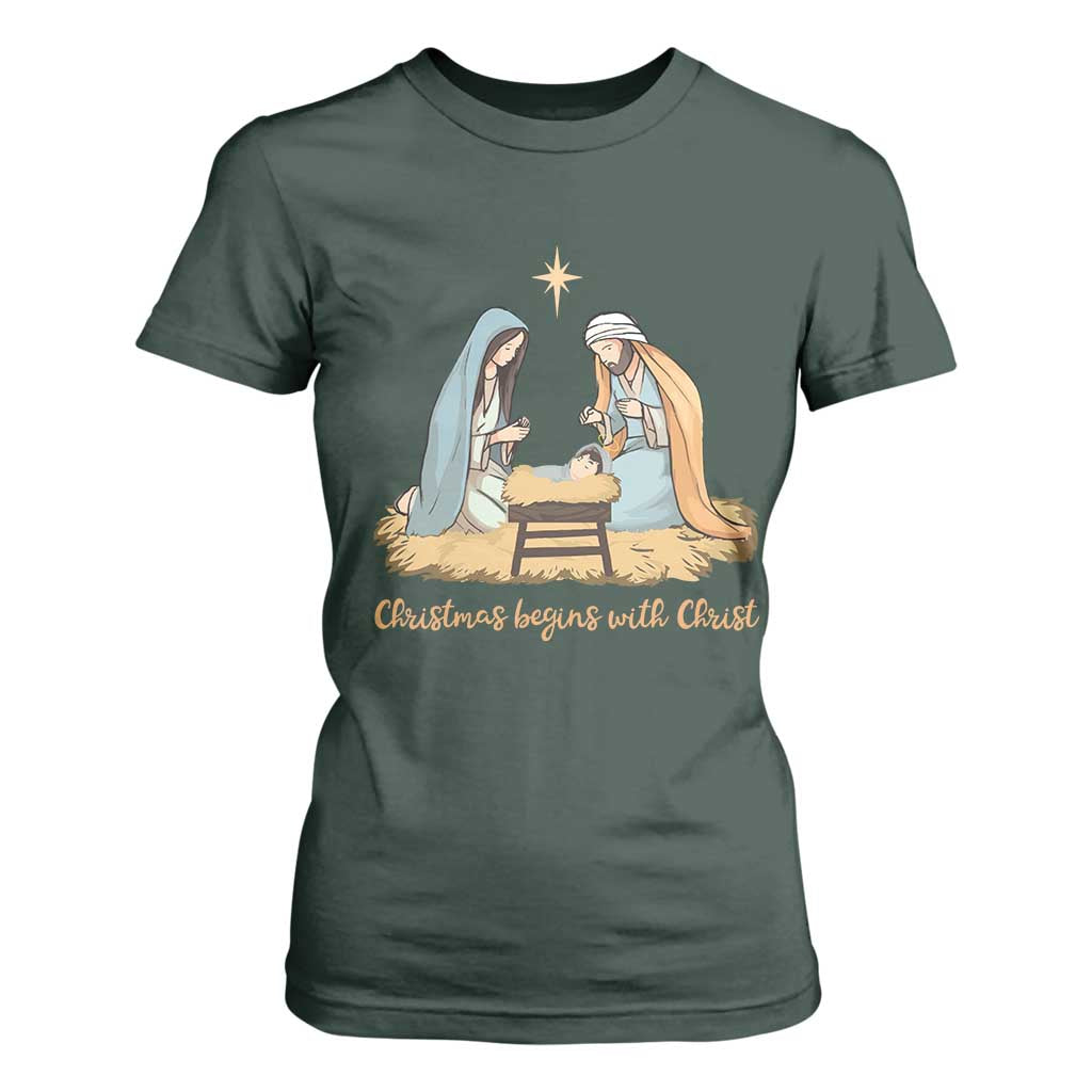 Christmas Begins With Christ T Shirt For Women Christian Christmas Nativity Scene TS11 Dark Forest Green Print Your Wear
