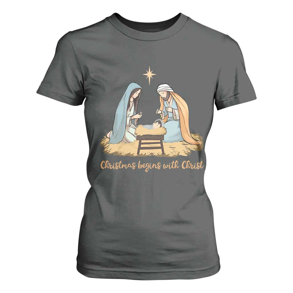 Christmas Begins With Christ T Shirt For Women Christian Christmas Nativity Scene TS11 Dark Heather Print Your Wear