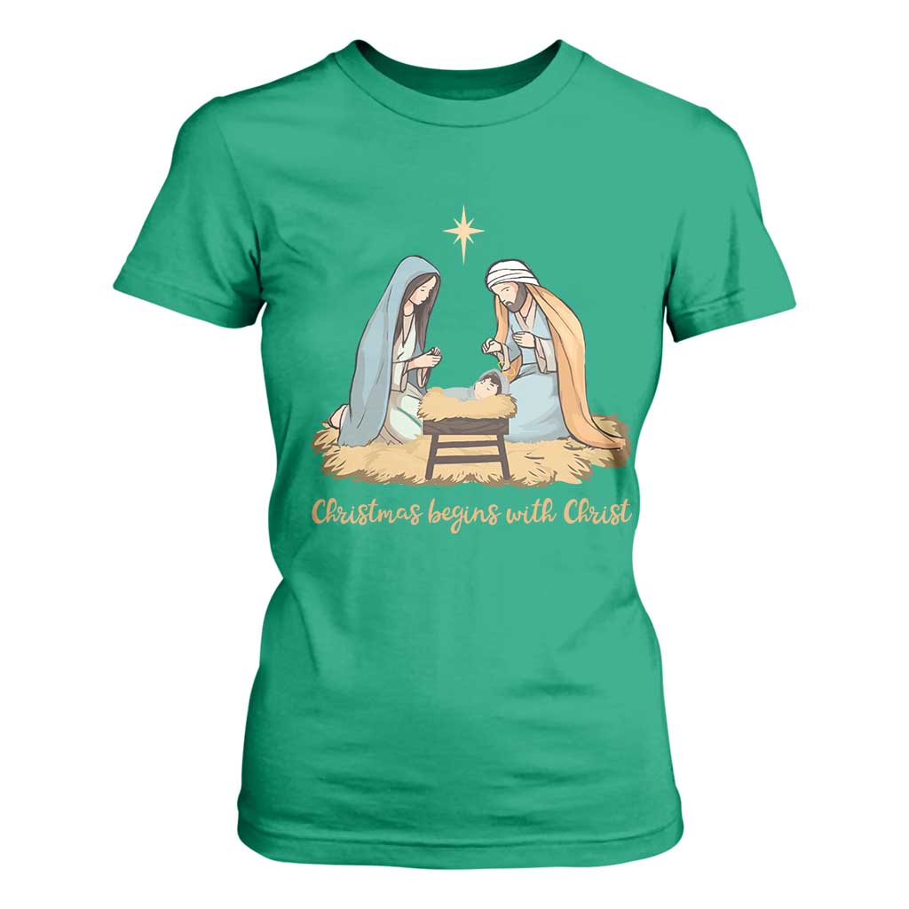 Christmas Begins With Christ T Shirt For Women Christian Christmas Nativity Scene TS11 Irish Green Print Your Wear