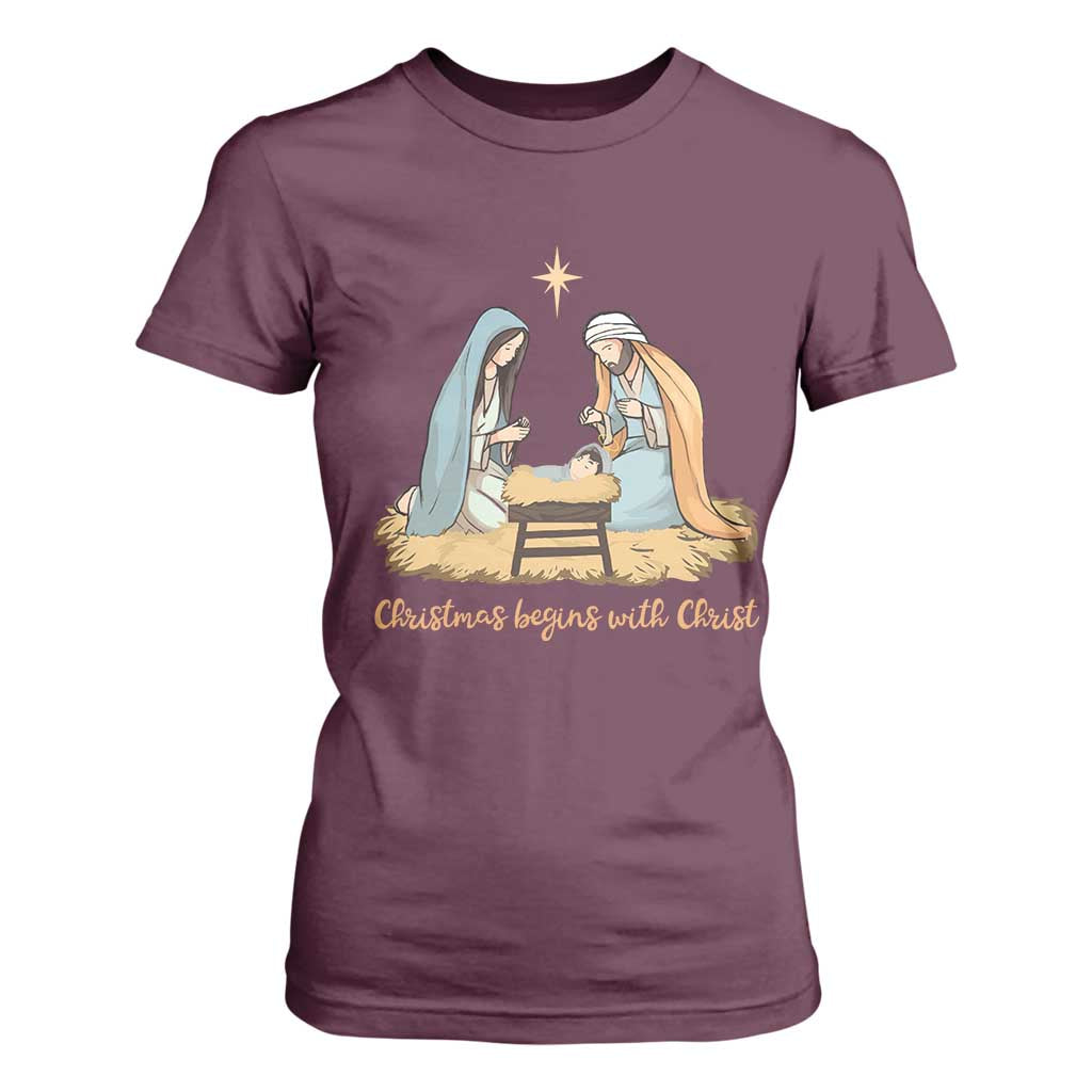 Christmas Begins With Christ T Shirt For Women Christian Christmas Nativity Scene TS11 Maroon Print Your Wear