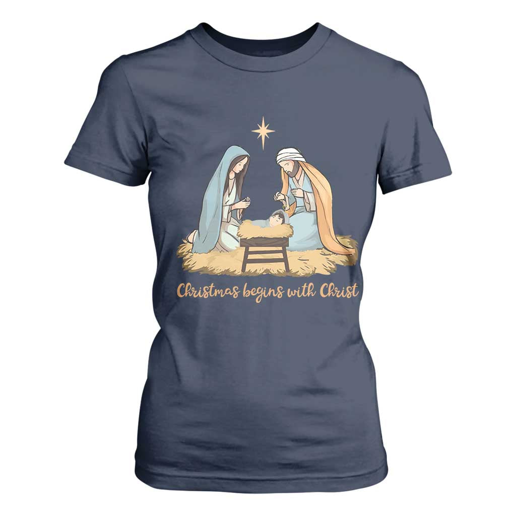 Christmas Begins With Christ T Shirt For Women Christian Christmas Nativity Scene TS11 Navy Print Your Wear