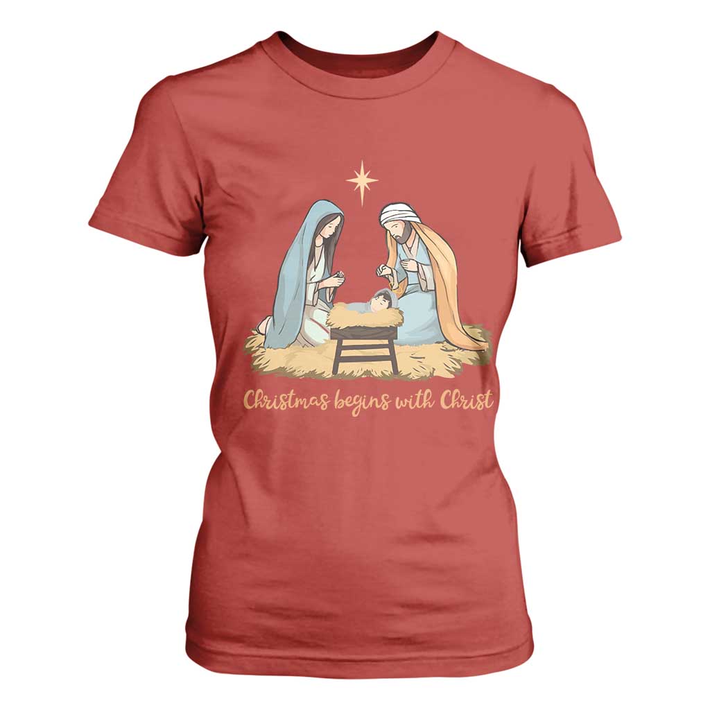 Christmas Begins With Christ T Shirt For Women Christian Christmas Nativity Scene TS11 Red Print Your Wear