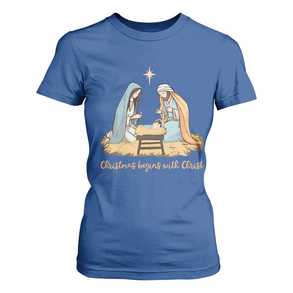 Christmas Begins With Christ T Shirt For Women Christian Christmas Nativity Scene TS11 Royal Blue Print Your Wear