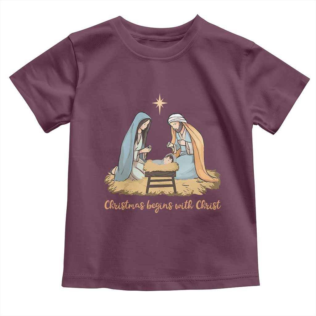 Christmas Begins With Christ Toddler T Shirt Christian Christmas Nativity Scene TS11 Maroon Print Your Wear