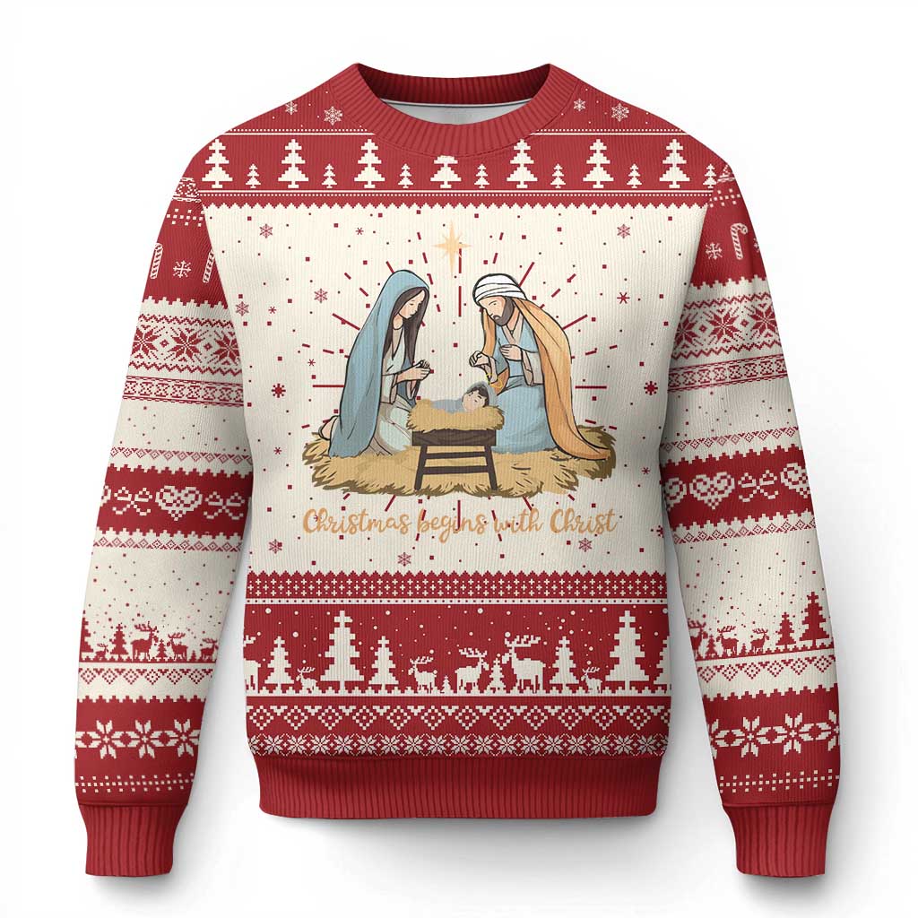 Christian Xmas Ugly Christmas Sweater Christmas Begins With Christ Nativity Scene TS11 Red Print Your Wear