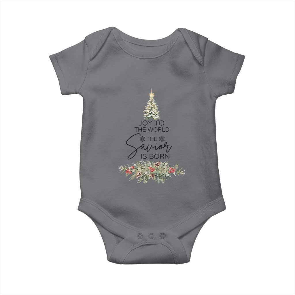Funny Christmas Christian Faith Baby Onesie Joy To The World The Savior Is Born Xmas Tree TS11 Charcoal Print Your Wear