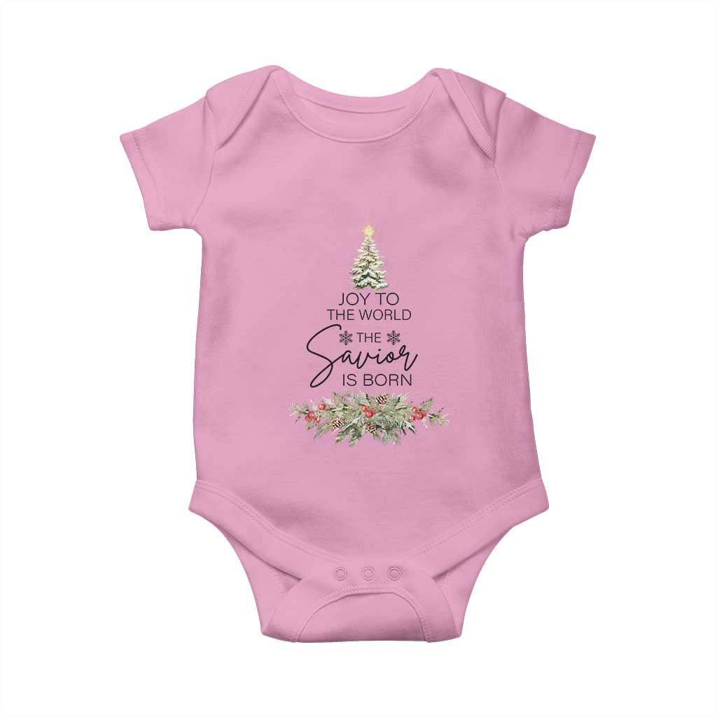 Funny Christmas Christian Faith Baby Onesie Joy To The World The Savior Is Born Xmas Tree TS11 Light Pink Print Your Wear