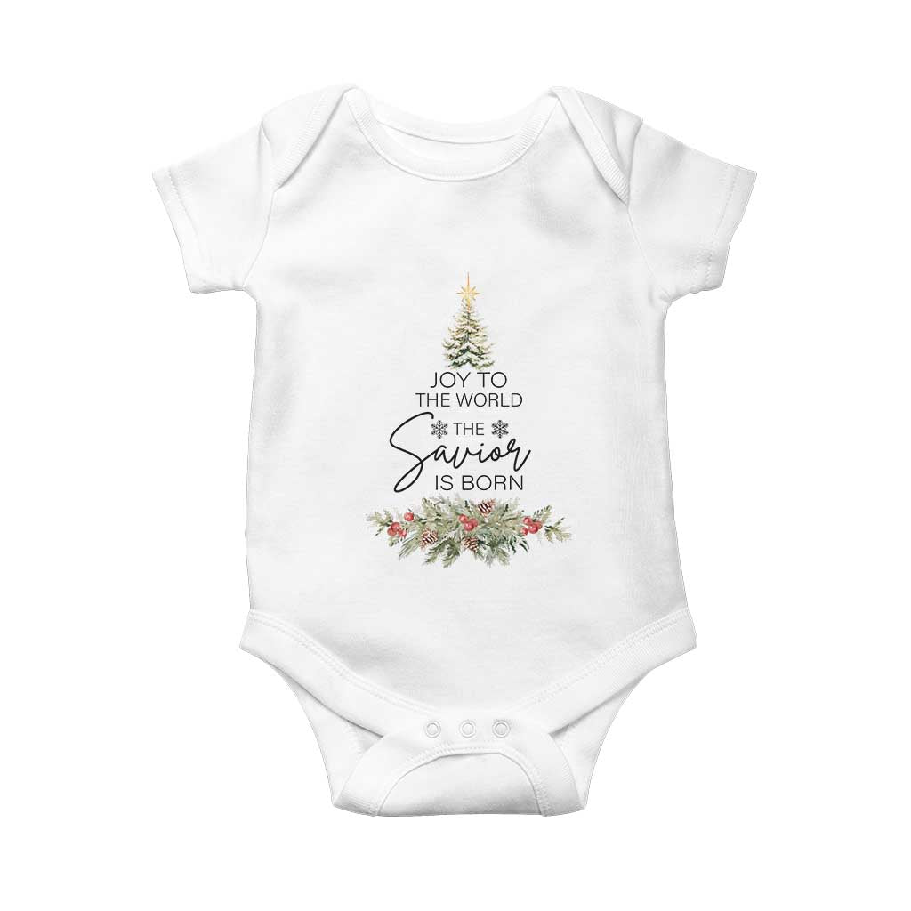 Funny Christmas Christian Faith Baby Onesie Joy To The World The Savior Is Born Xmas Tree TS11 White Print Your Wear