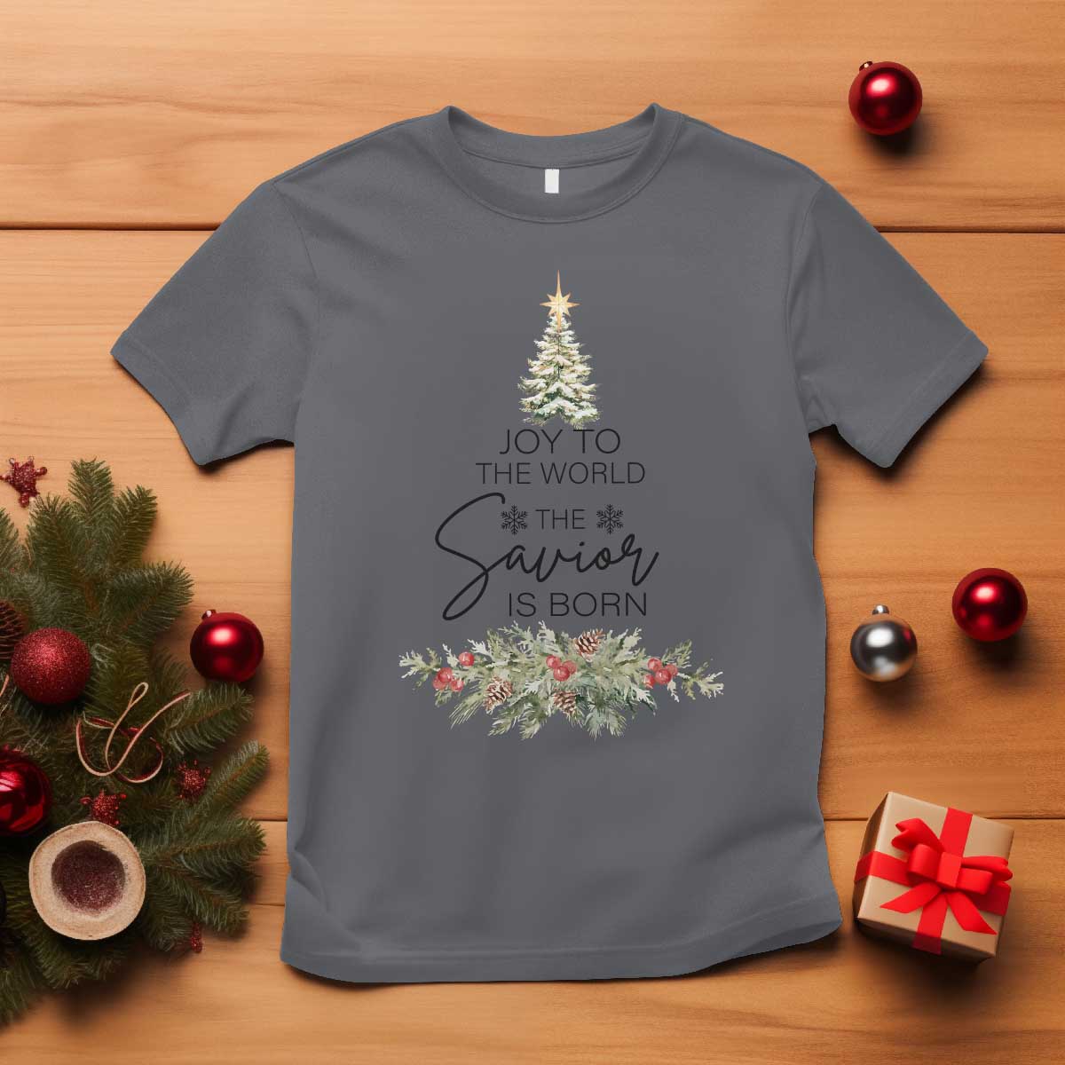 Funny Christmas Christian Faith T Shirt Joy To The World The Savior Is Born Xmas Tree TS11 Charcoal Print Your Wear