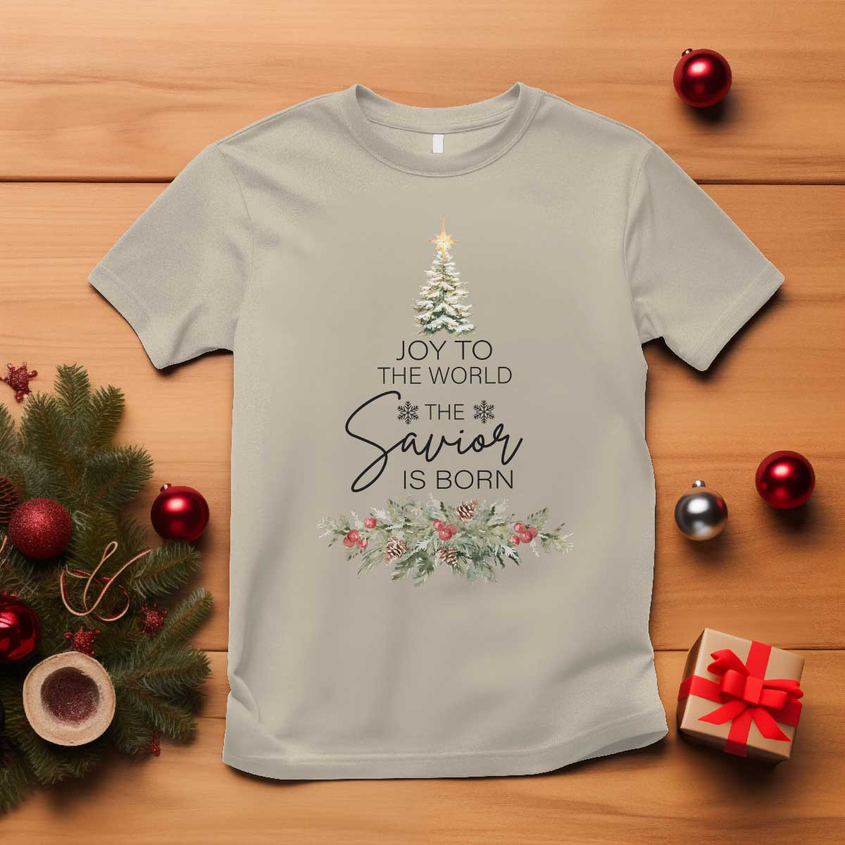 Funny Christmas Christian Faith T Shirt Joy To The World The Savior Is Born Xmas Tree TS11 Sand Print Your Wear
