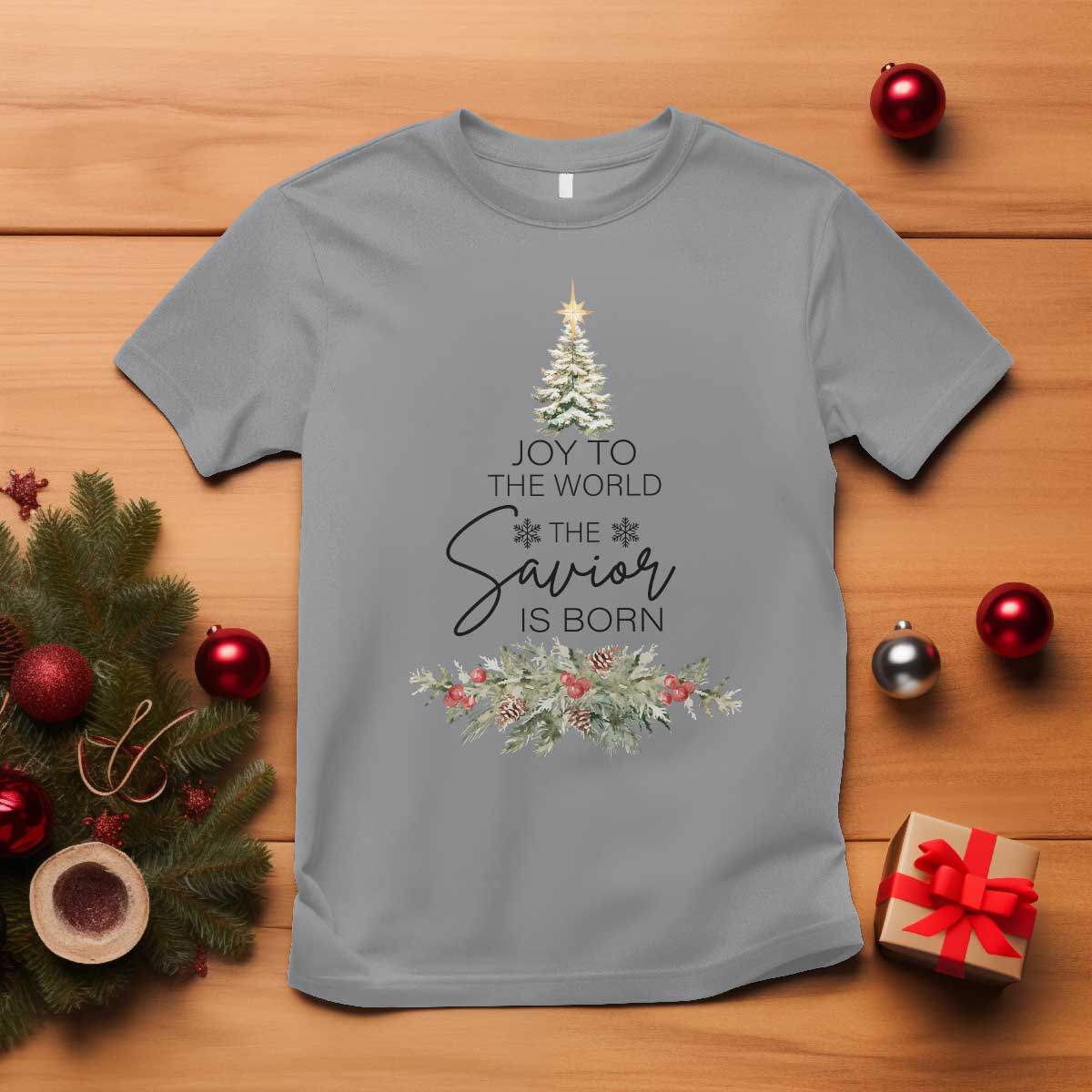 Funny Christmas Christian Faith T Shirt Joy To The World The Savior Is Born Xmas Tree TS11 Sport Gray Print Your Wear