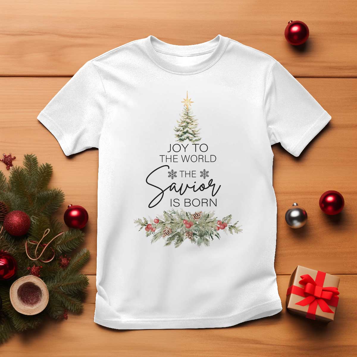 Funny Christmas Christian Faith T Shirt Joy To The World The Savior Is Born Xmas Tree TS11 White Print Your Wear