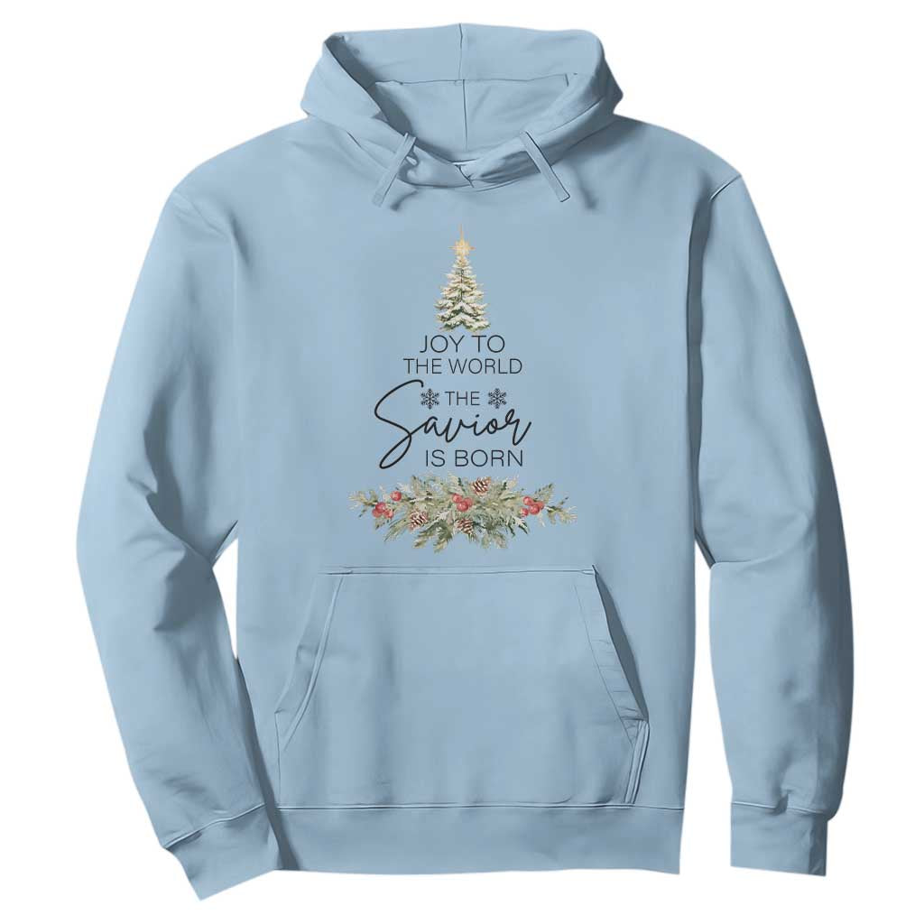 Funny Christmas Christian Faith Hoodie Joy To The World The Savior Is Born Xmas Tree TS11 Light Blue Print Your Wear