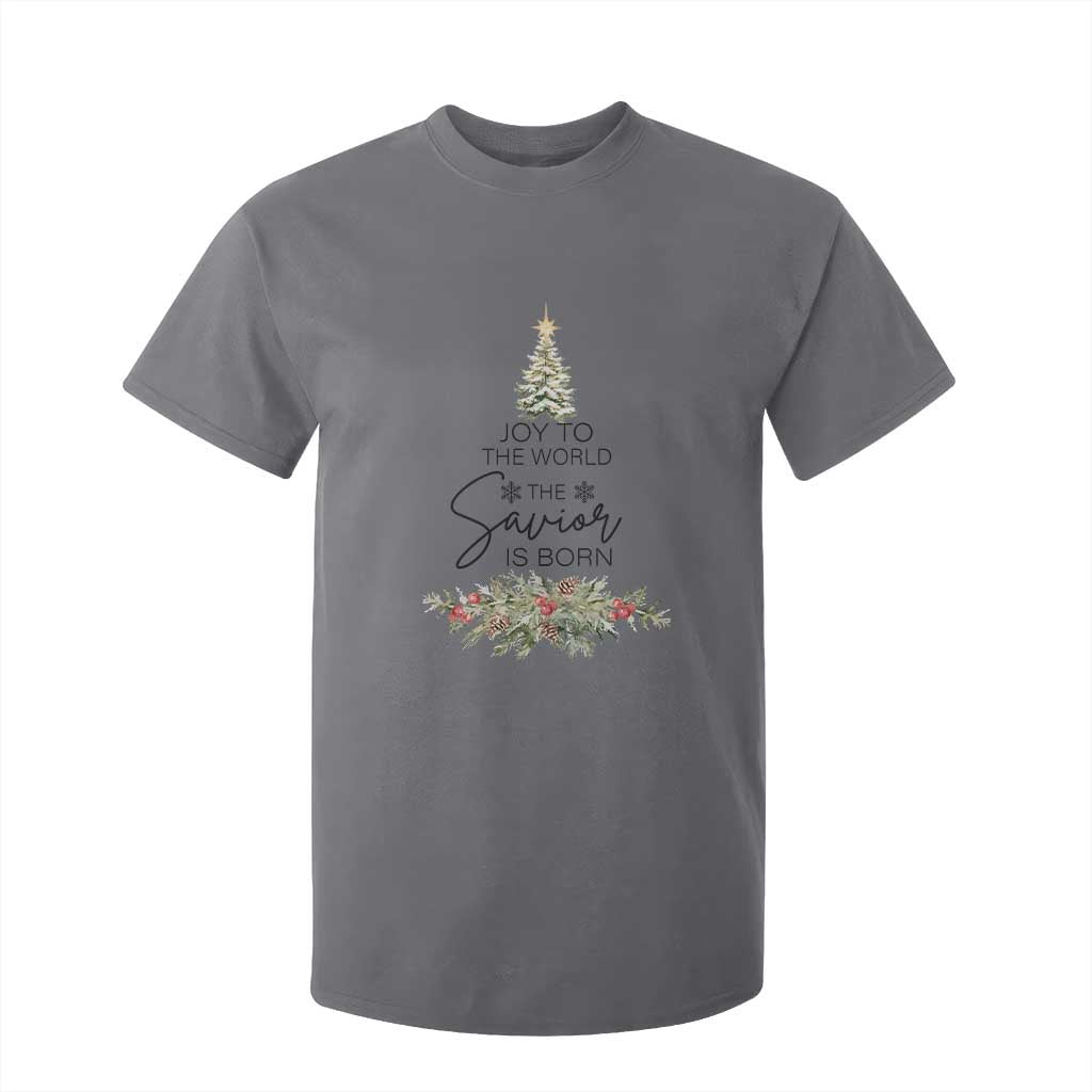 Funny Christmas Christian Faith T Shirt For Kid Joy To The World The Savior Is Born Xmas Tree TS11 Charcoal Print Your Wear