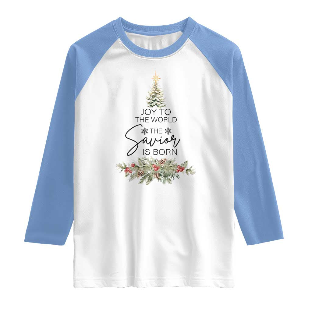 Funny Christmas Christian Faith Raglan Shirt Joy To The World The Savior Is Born Xmas Tree TS11 White Carolina Blue Print Your Wear