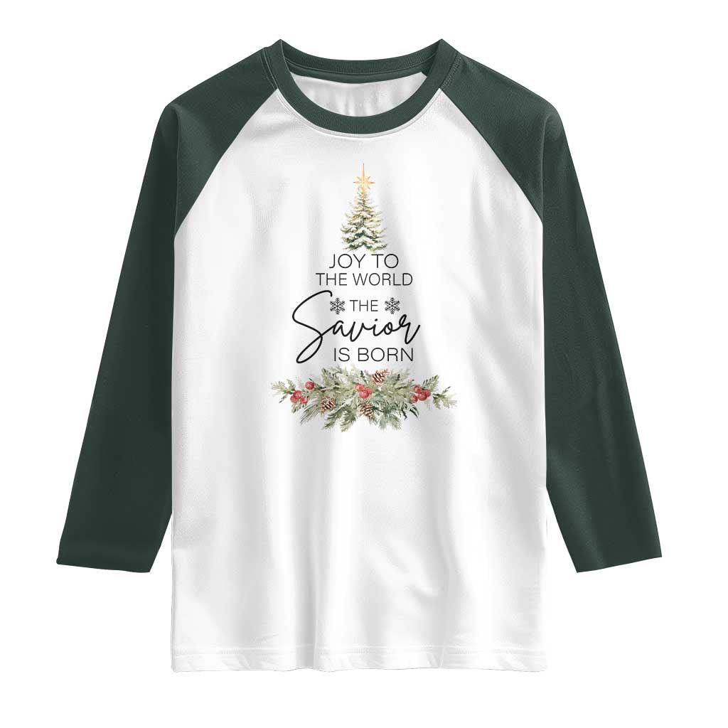 Funny Christmas Christian Faith Raglan Shirt Joy To The World The Savior Is Born Xmas Tree TS11 White Dark Forest Green Print Your Wear