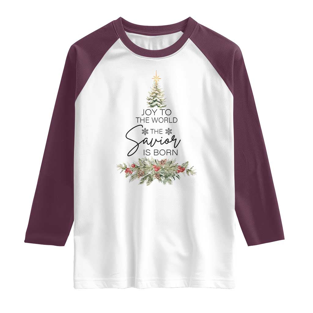 Funny Christmas Christian Faith Raglan Shirt Joy To The World The Savior Is Born Xmas Tree TS11 White Maroon Print Your Wear