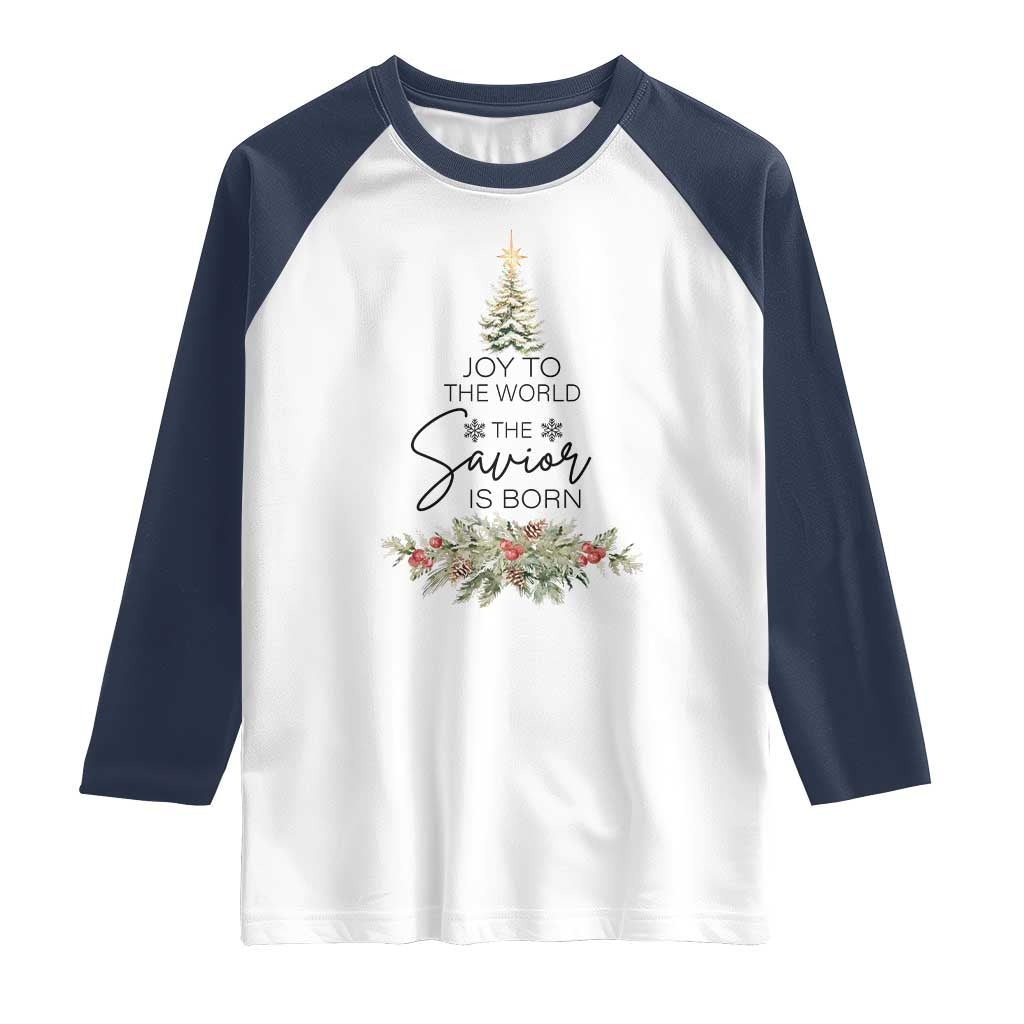 Funny Christmas Christian Faith Raglan Shirt Joy To The World The Savior Is Born Xmas Tree TS11 White Navy Print Your Wear