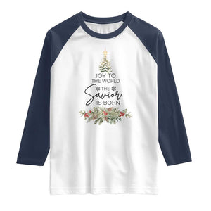 Funny Christmas Christian Faith Raglan Shirt Joy To The World The Savior Is Born Xmas Tree TS11 White Navy Print Your Wear