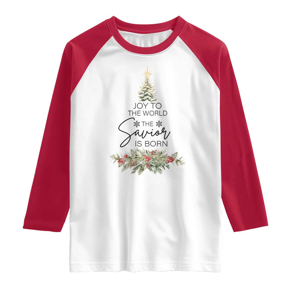 Funny Christmas Christian Faith Raglan Shirt Joy To The World The Savior Is Born Xmas Tree TS11 White Red Print Your Wear