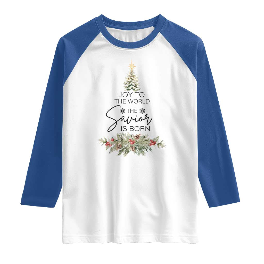 Funny Christmas Christian Faith Raglan Shirt Joy To The World The Savior Is Born Xmas Tree TS11 White Royal Print Your Wear