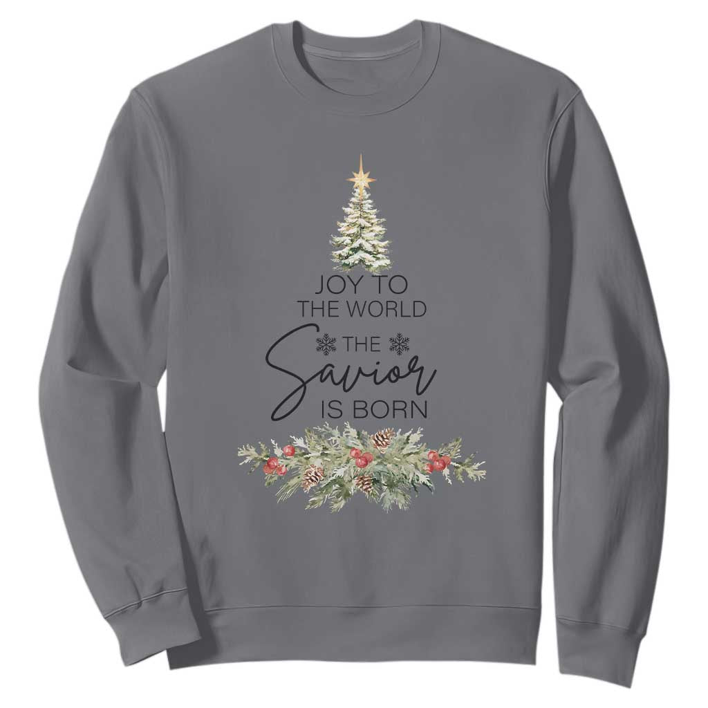 Funny Christmas Christian Faith Sweatshirt Joy To The World The Savior Is Born Xmas Tree TS11 Charcoal Print Your Wear