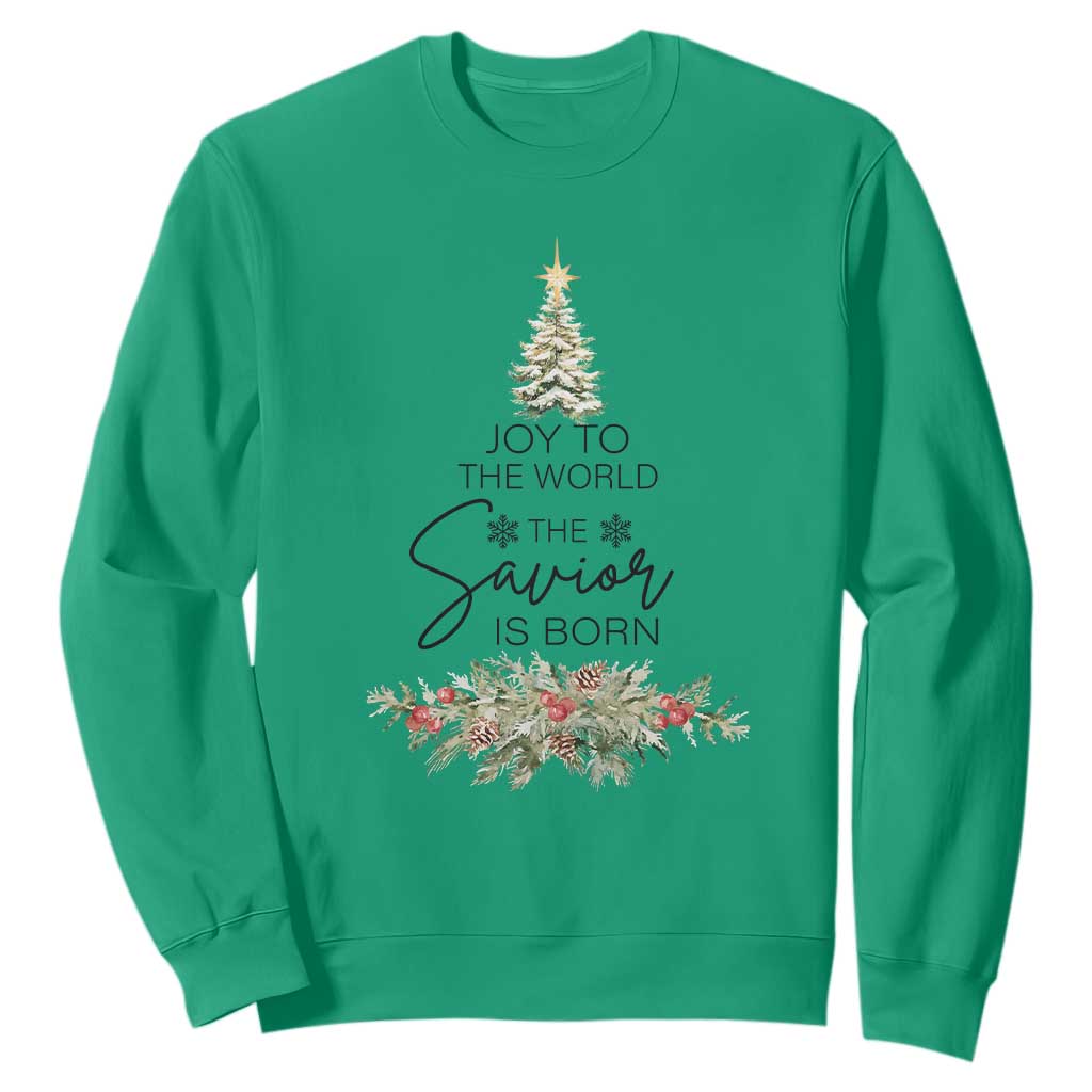 Funny Christmas Christian Faith Sweatshirt Joy To The World The Savior Is Born Xmas Tree TS11 Irish Green Print Your Wear