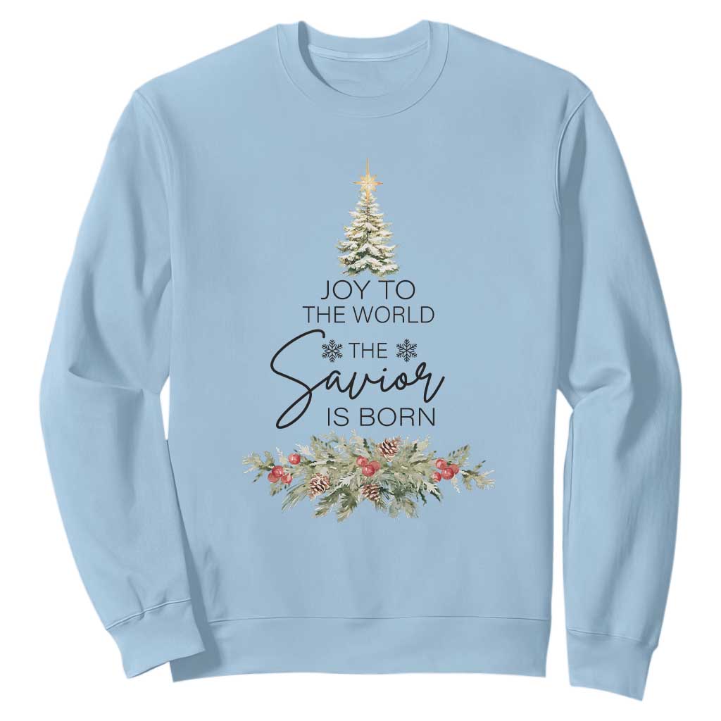 Funny Christmas Christian Faith Sweatshirt Joy To The World The Savior Is Born Xmas Tree TS11 Light Blue Print Your Wear