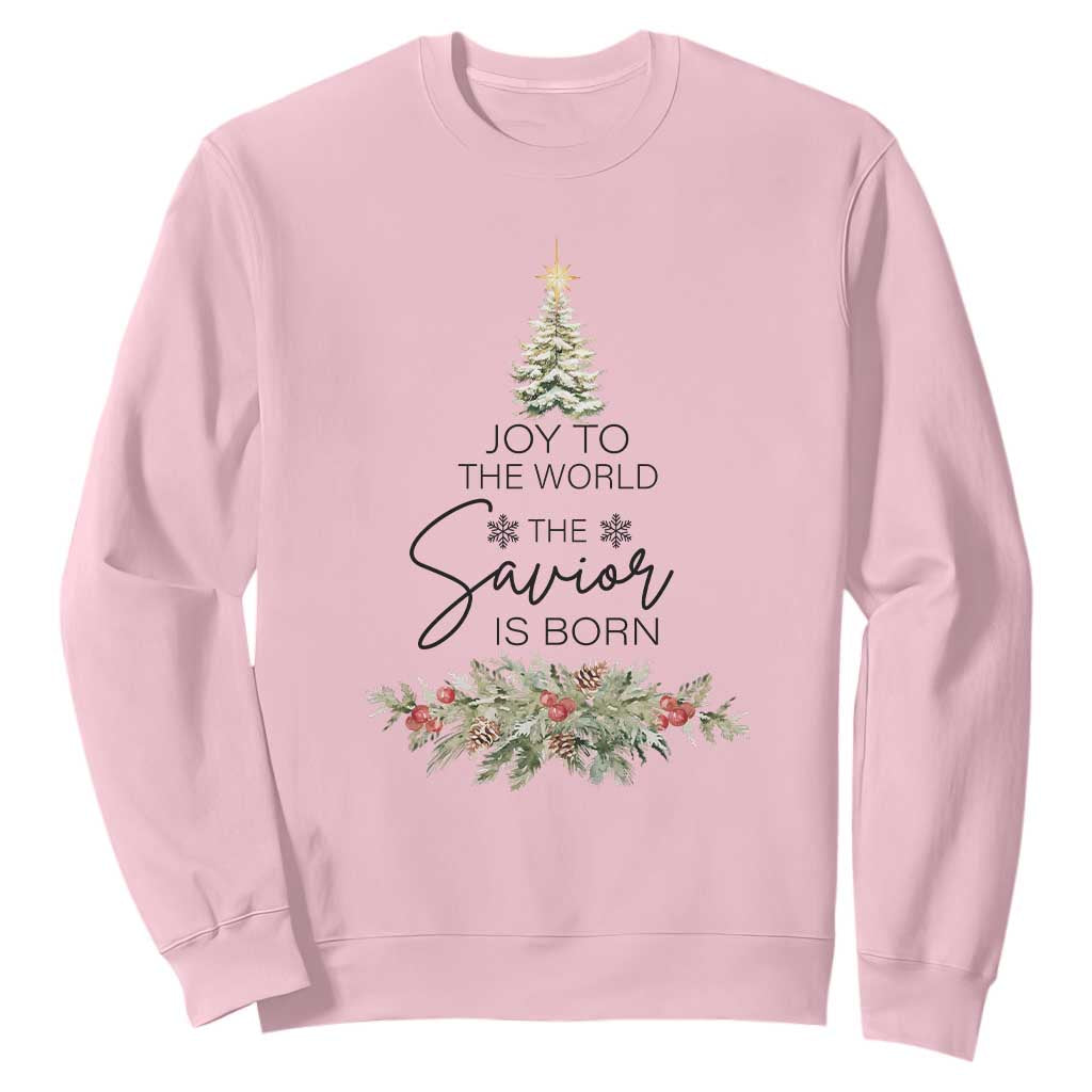 Funny Christmas Christian Faith Sweatshirt Joy To The World The Savior Is Born Xmas Tree TS11 Light Pink Print Your Wear
