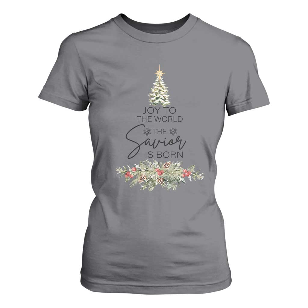 Funny Christmas Christian Faith T Shirt For Women Joy To The World The Savior Is Born Xmas Tree TS11 Charcoal Print Your Wear