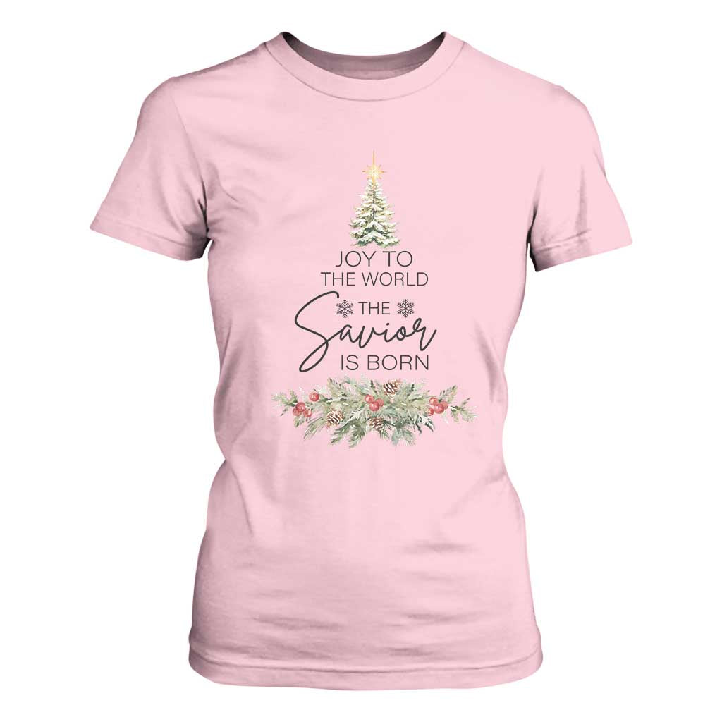 Funny Christmas Christian Faith T Shirt For Women Joy To The World The Savior Is Born Xmas Tree TS11 Light Pink Print Your Wear